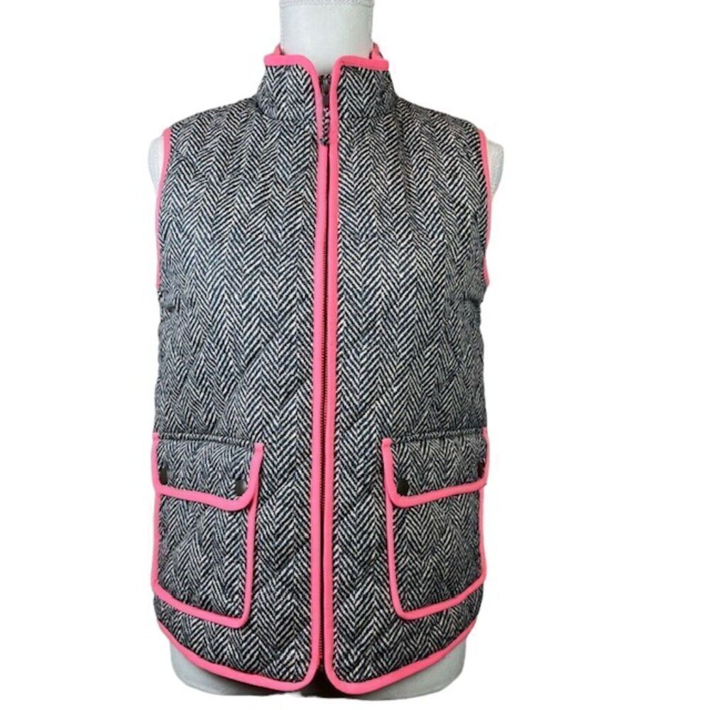 Crewcuts by J.Crew Quilted Vest Zip Black /White Herringbone w/ Pink Trim 14